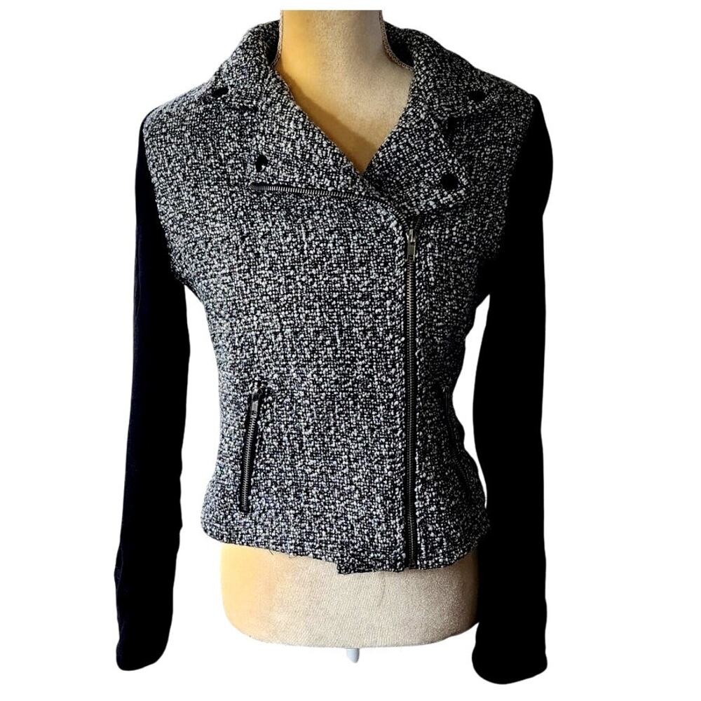 BCNU Black White Tweed Moto Long Sleeves Full Zip Jacket Medium